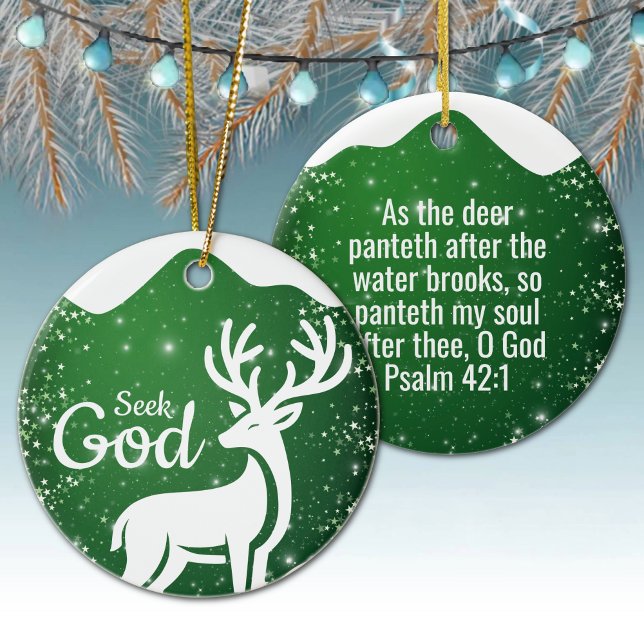 Seek God Religious Holiday  ⛪️ 🎄 Ceramic Tree Decoration (Customizable Seek God, Bible Verse Festive Reindeer Devotional Ceramic Ornament Green Psalm 42:1 🦌✞)