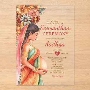 Seemantham Indian Baby Shower Valaikappu Mother Acrylic Invitations