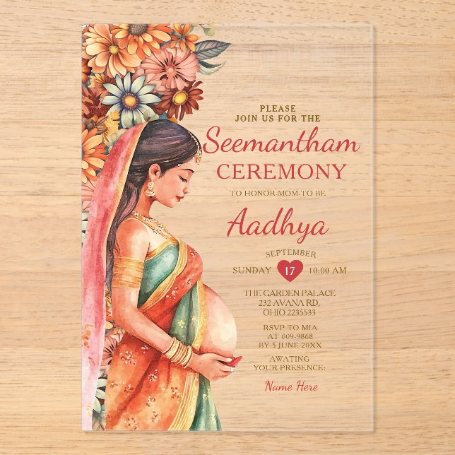 Seemantham Indian Baby Shower Valaikappu Mother Acrylic Invitations (Front)