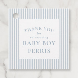 Seersucker blue white stripe baby shower thank you favour tags