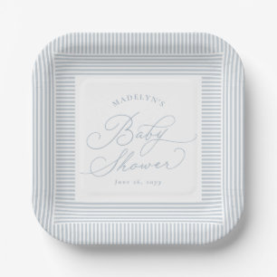 Seersucker blue white stripe preppy baby shower paper plate