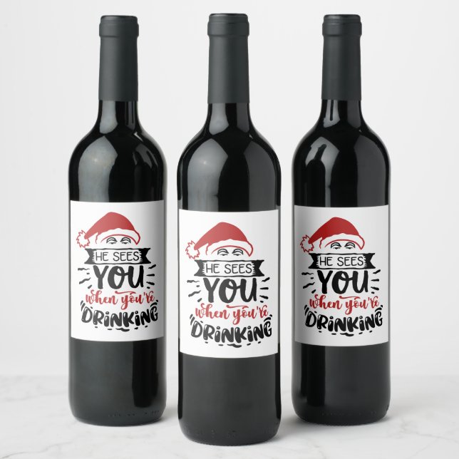 sees you drinking funny Christmas Santa Wine Label (Bottles)