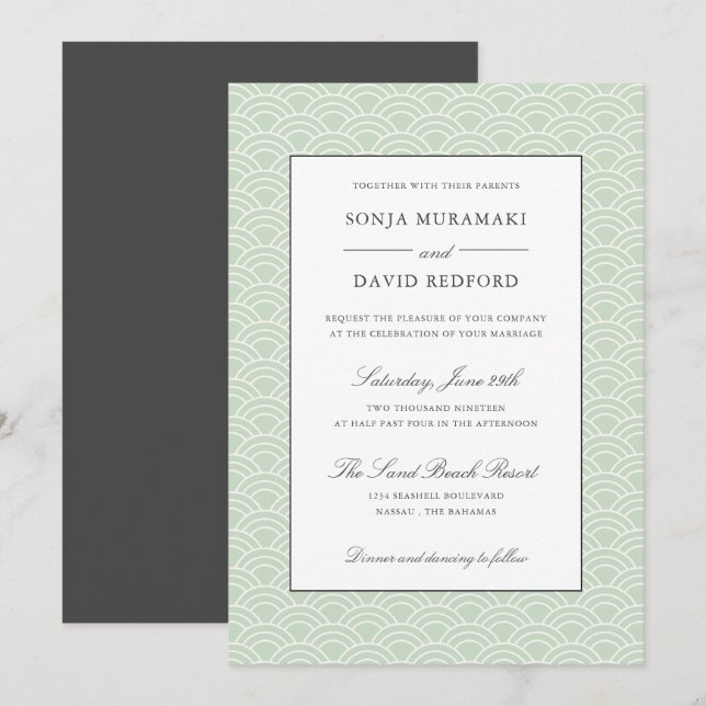 Seigaiha | Dusty Green Japanese wave Beach wedding Invitation (Front/Back)