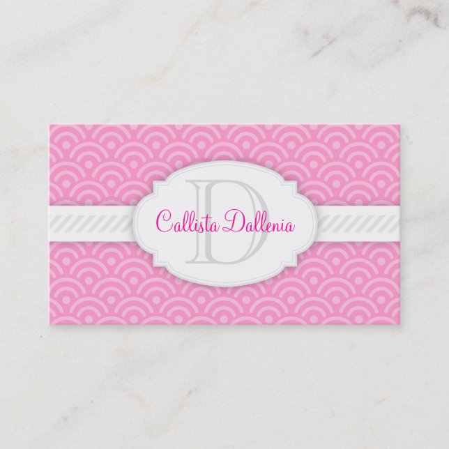 Seigaiha (Pink) Custom Monogram Business Card (Front)