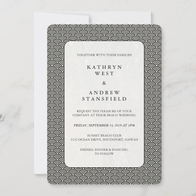 Seigaiha Waves Black + White Patterned Wedding Invitation (Front)