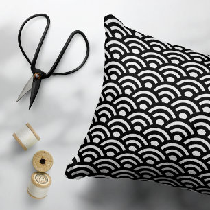 Seigaiha, Waves, Japanese, Black and White Decorative Cushion