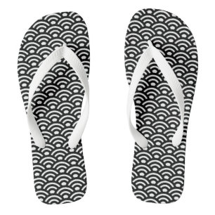 Seigaiha, Waves, Japanese, Black and White Flip Flops