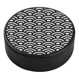 Seigaiha, Waves, Japanese, Black and White Hockey Puck