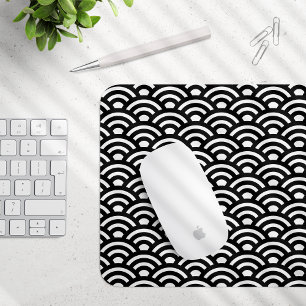 Seigaiha, Waves, Japanese, Black and White Mouse Mat