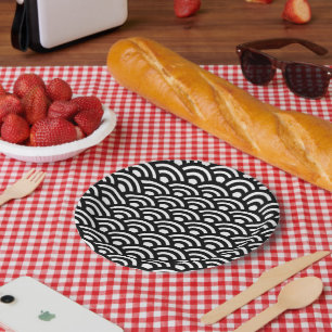 Seigaiha, Waves, Japanese, Black and White Paper Plate