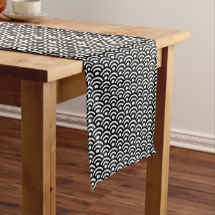 Seigaiha, Waves, Japanese, Black and White Short Table Runner