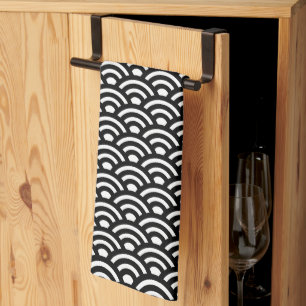 Seigaiha, Waves, Japanese, Black and White Tea Towel