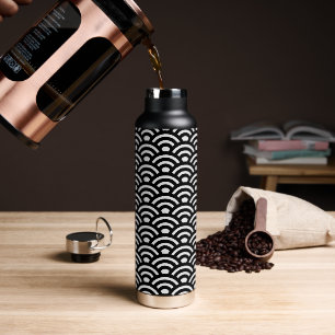 Seigaiha, Waves, Japanese, Black and White Water Bottle