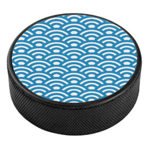 Seigaiha, Waves, Japanese, Blue and White Hockey Puck