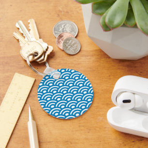 Seigaiha, Waves, Japanese, Blue and White Key Ring