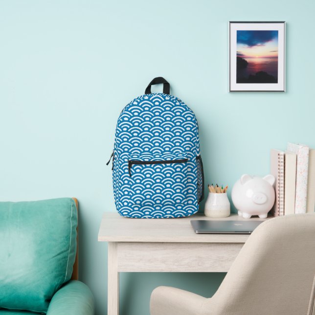 Seigaiha, Waves, Japanese, Blue and White Printed Backpack (Insitu)