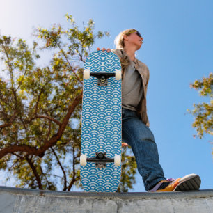 Seigaiha, Waves, Japanese, Blue and White Skateboard