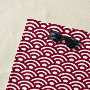 Seigaiha, Waves, Japanese, Burgundy and White Beach Towel