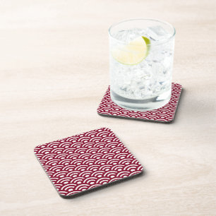 Seigaiha, Waves, Japanese, Burgundy and White Coaster