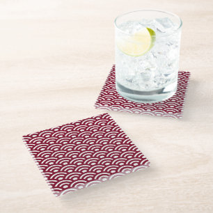 Seigaiha, Waves, Japanese, Burgundy and White Glass Coaster