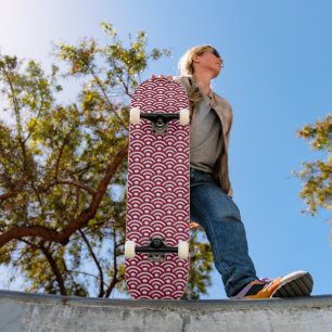 Seigaiha, Waves, Japanese, Burgundy and White Skateboard