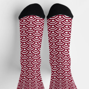 Seigaiha, Waves, Japanese, Burgundy and White Socks