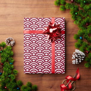 Seigaiha, Waves, Japanese, Burgundy and White Wrapping Paper