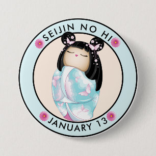 Seijin no Hi kokeshi girl butterflies 7.5 Cm Round Badge