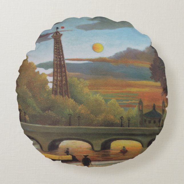 Seine and Eiffel Tower at Sunset by Henri Rousseau Round Cushion (Front)