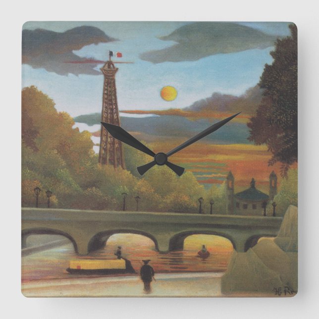 Seine and Eiffel Tower at Sunset by Henri Rousseau Square Wall Clock (Front)