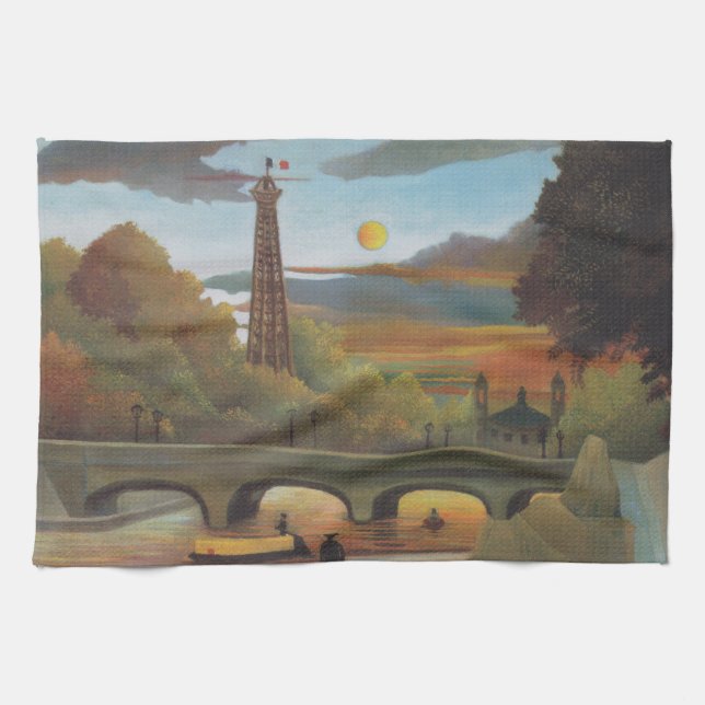 Seine and Eiffel Tower at Sunset by Henri Rousseau Tea Towel (Horizontal)