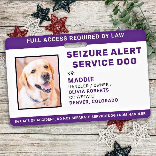 Seizure Alert Personalized Service Dog ID Photo  Badge (Creator Uploaded)