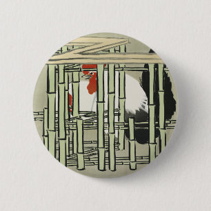 Sekka Roosters from Momoyogusa Japanese Art 6 Cm Round Badge