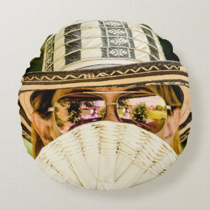 Selective focus photo of woman wearing aviator sun round cushion