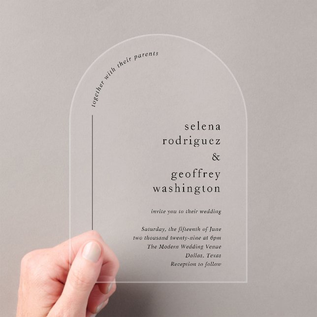 Selena Minimalist Arch Modern Wedding Acrylic Invitations (Insitu (Handheld))