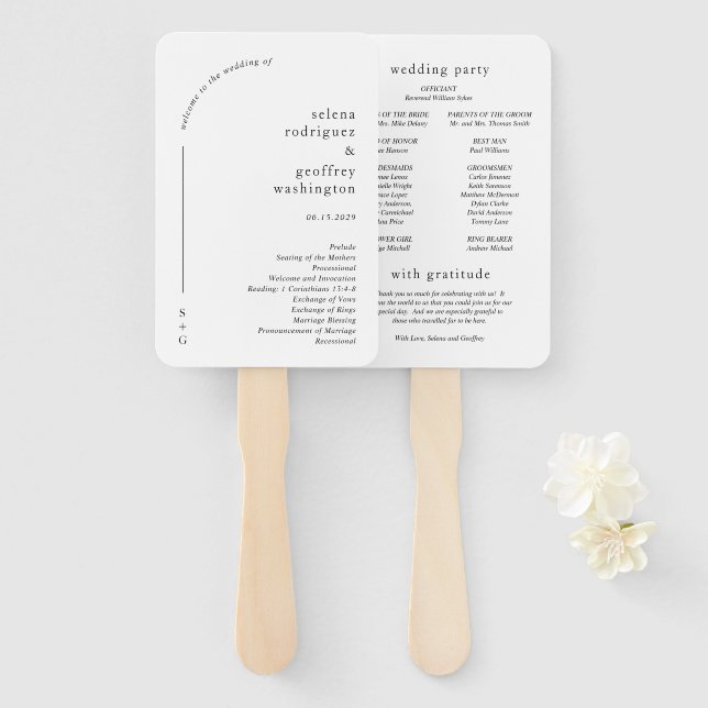 Selena Minimalist Arch Modern Wedding Program Hand Fan (Front and Back)