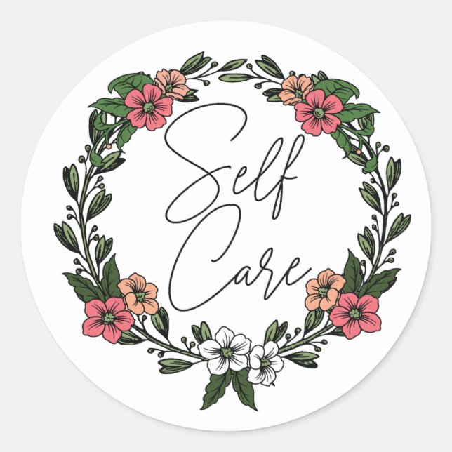 Self Care Floral  Classic Round Sticker (Front)