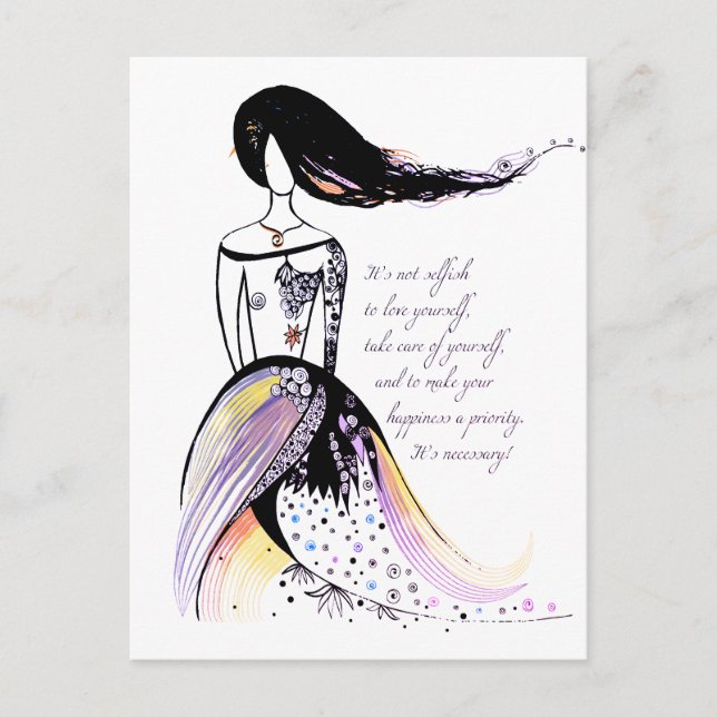 Self care inspirational illustrated lady quote postcard (Front)