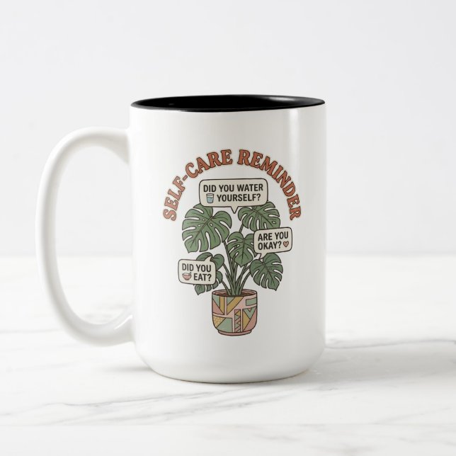 Self Care Reminder Monstera Plant Two-Tone Coffee Mug (Left)
