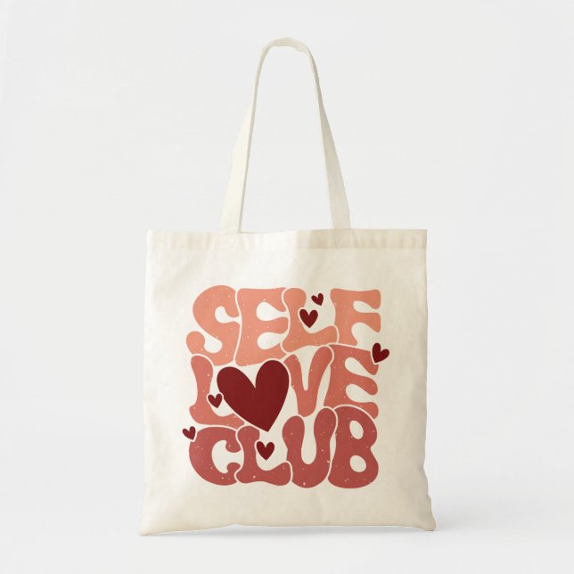 "Self Love Club" Retro Pink Groovy Graphic Tote Bag (Front)