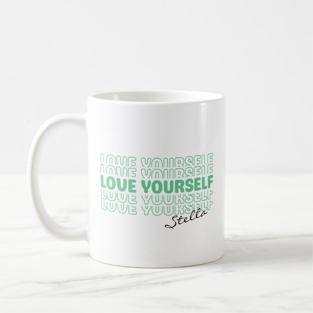 Self Love Mint Wavy Retro Custom Name Text Coffee Mug (Left)