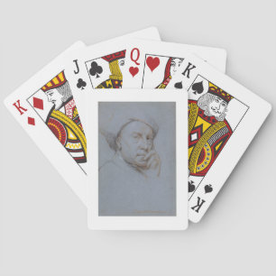 Self Portrait (black, red and white chalk on blue Playing Cards