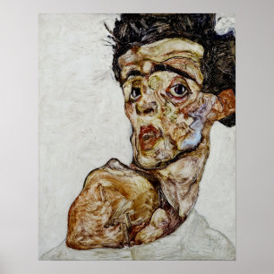 Self-portrait with raised bare shoulder by Schiele Poster