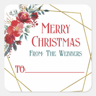 Self-Stick Merry Christmas Poinsettia Floral Favou Square Sticker