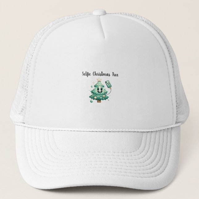 Selfie Christmas Tree – Funny Holiday Cartoon Desi Trucker Hat (Front)
