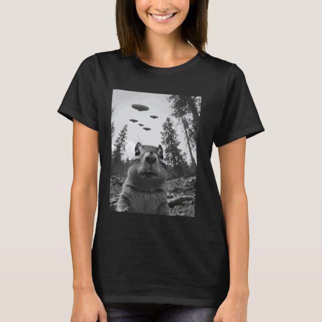 Selfie - Funny Alien Selfie Chipmunk UFO T-Shirt (Front)