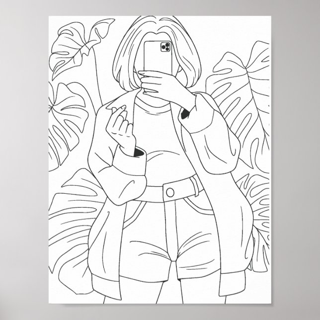 Selfie Girl Colouring Page Poster (Front)
