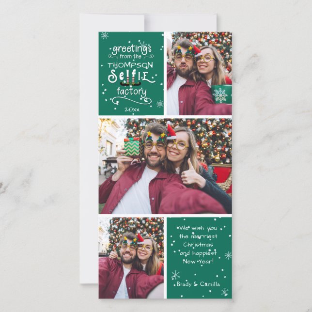 sELFie Greetings in White, Changeable Green Colour Holiday Card (Front)