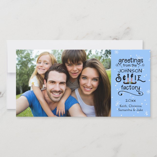 sELFie Greetings, Snow on Changeable Blue Holiday Card (Front)