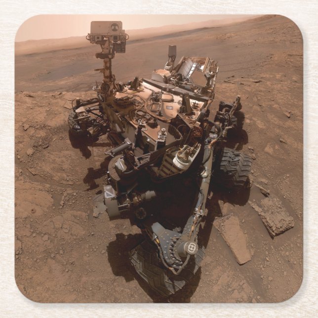 Selfie of Mars Curiosity Red Martian Landscape Square Paper Coaster (Front)